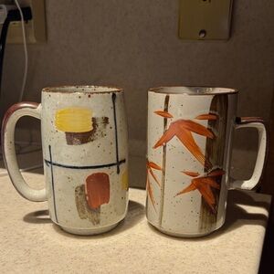 Hand-Painted Ceramic Mugs — White with Burnt Orange & Yellow Accents (Set of 2)